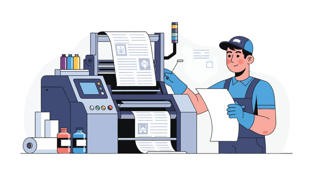 Printing Process: A skilled printing technician carefully manages a modern printing machine, showcasing the intricate process of bringing documents to life.