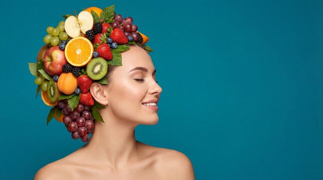  portrait of beautiful woman, fruit headdress made of fresh fruits and berries on head