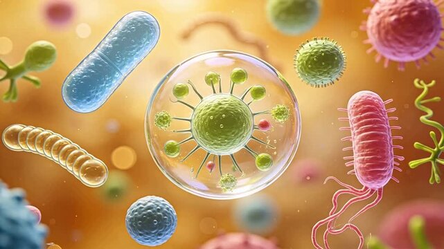 Microscopic view of bacteria and cells