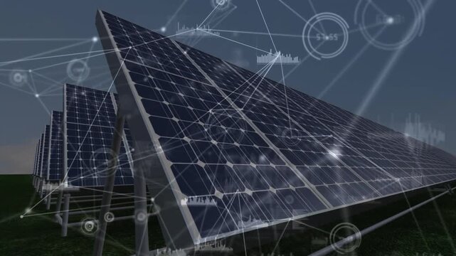 Animation of network of connections over solar panels and wind working in countryside