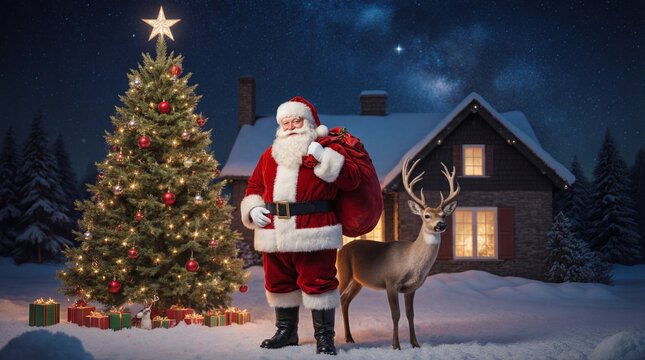 Santa Claus, Christmas tree, and reindeer 
