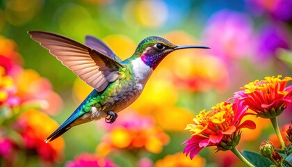 Naklejka premium Hummingbird in Flight Amidst Vibrant Flowers.
