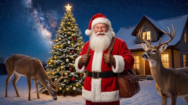 Santa Claus, Christmas tree, and reindeer 