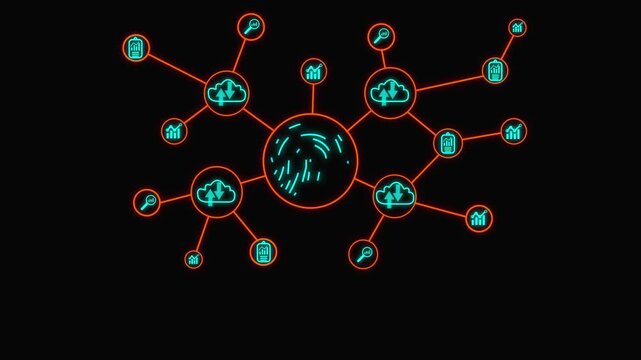 Neon Cloud Computing Network with Biometric Fingerprint Security and Data Analytics Visualization on  Biometric  animation.
