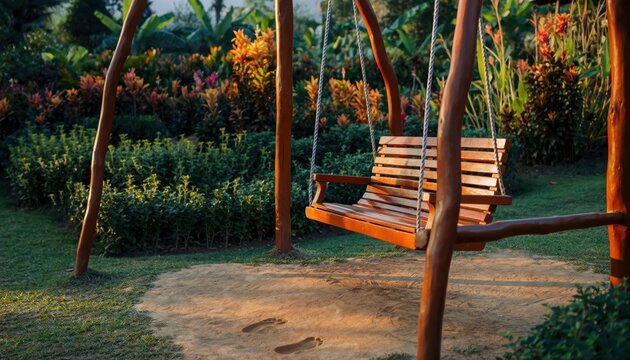 Wooden swing set in a lush garden with tropical plants.