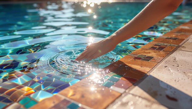 Close-up of a hand touching the surface of a sparkling swimming pool on a sunny day.