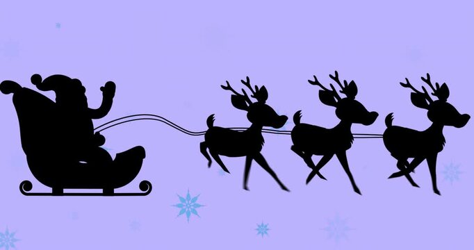 Animation of santa claus in sleigh with reindeer over snowflakes on blue background at christmas