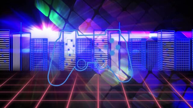 Animation of video game controller icon against 3d cityscape over grid network