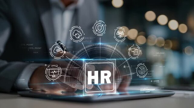 A digital HR icon appears on a tablet, businessman working on, symbols like cloud, protection and teamwork, illustrating integrated workforce solutions and modern business systems.