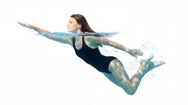 underwater view of a young beautiful woman swimming in the pool, isolated on white background