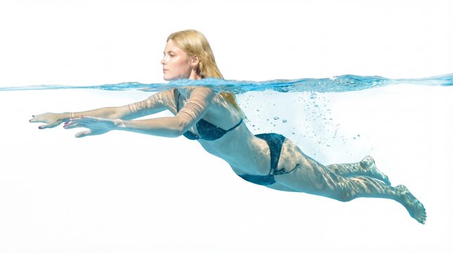 underwater view of a young beautiful woman swimming in the pool, isolated on white background