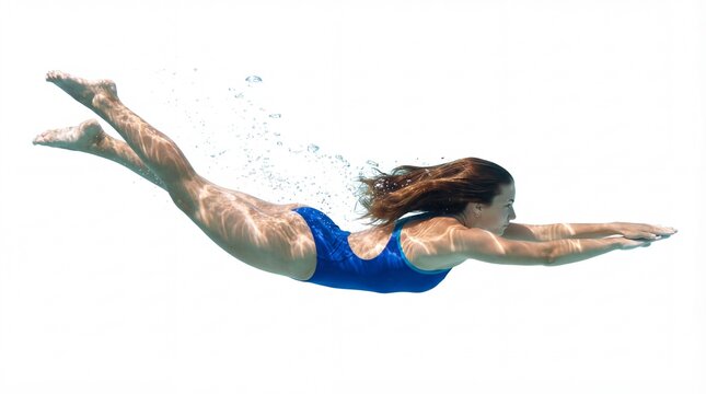 underwater view of a young beautiful woman swimming in the pool, isolated on white background