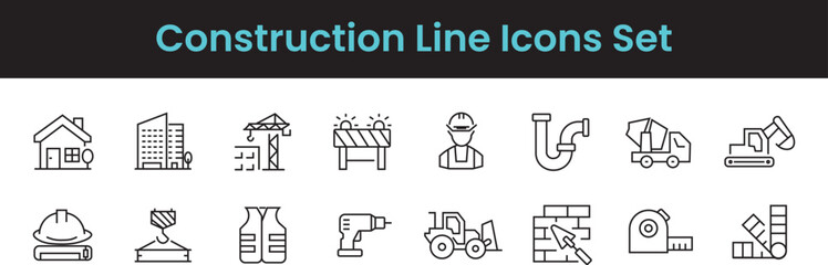 Fototapeta premium Construction Line Icons Set Building, Property and Architecture Editable Stroke Vector Collection
