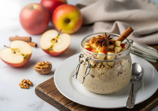 A delicious jar of oatmeal with apples, cinnamon and walnuts on a wooden board with a plate