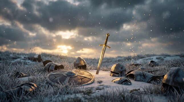 Abandoned Viking battlefield at dawn with sword, shields and helmet on snowy frosty field