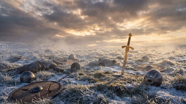 Abandoned Viking battlefield at dawn with sword, shields and helmet on snowy frosty field