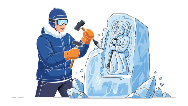 Crafting the Cold: A dedicated artist skillfully chisels intricate details into a block of ice, bringing a captivating sculpture to life, embodying creativity and craftsmanship. 