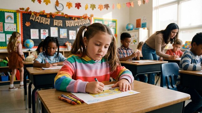 Young girl drawing in classroom during back to school season
