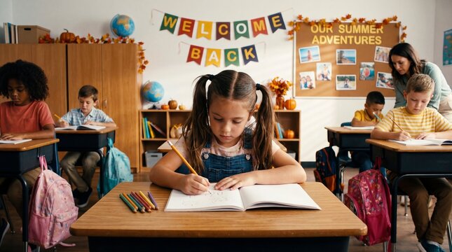 Young girl drawing in classroom during back to school season