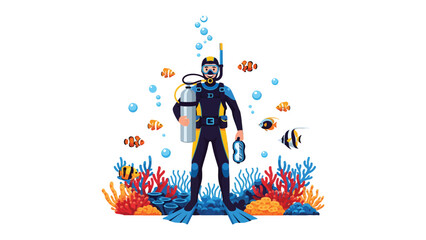 Underwater Explorer's Journey: A diver gracefully navigates the depths of the ocean, surrounded by a vibrant coral reef teeming with marine life. Bubbles rise as they explore the underwater world. © hafs121