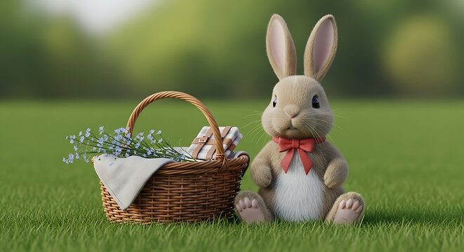 Cute Rabbit Plush Toy with Basket in Green Park