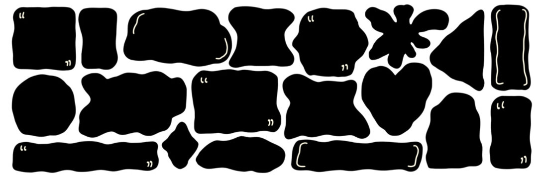 Quote frame various geometric shapes. Irregular organic square, rectangle area for text. Vector uneven heart, oval boxes for feedback. Rectangular, arch blank with quotation marks on white background.