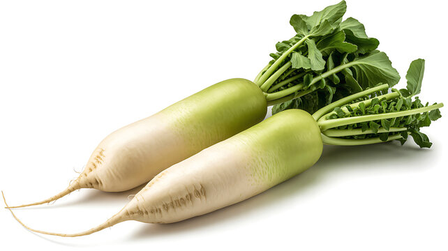 Fresh Raw White Daikon Radish With Green Leaves Isolated White