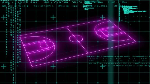 Faint fragments initiating neon basketball court emerging within teal code grid, expanding rotating
