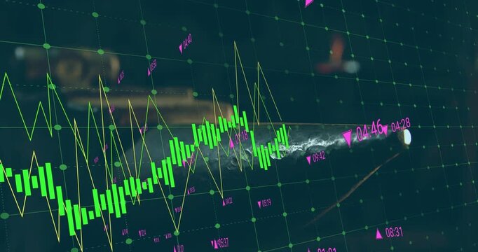 Trend rising launching bullet across 3D grid while bars falling and rising showing market shift