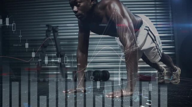 Male athlete starting plank, doing push-ups while finance charts overlay torso tracking strength