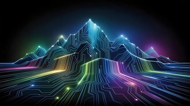 Digital landscape with geometric circuit mountains &ndash; Suitable for tech complexity, innovation summits, or cyber world.