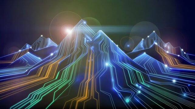 Glowing circuit peaks and data waterfalls &ndash; Great for future technology, AI exploration, or high-tech environments.