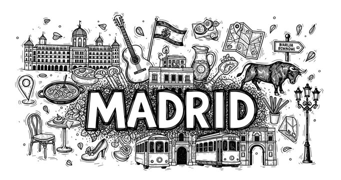 Madrid landmarks and symbols: cultural highlights in black and white