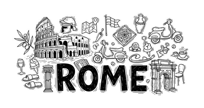 Rome landmarks and icons sketch with colosseum and historical symbols