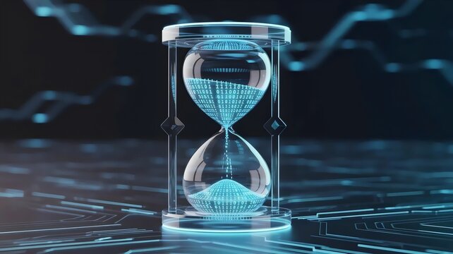 Digital hourglass with flowing binary particles &ndash; Ideal for information technology, future tech, or big data.