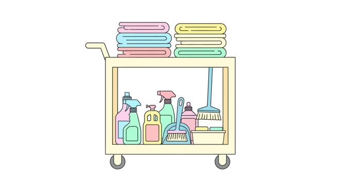 Cleaning supplies on a cart.