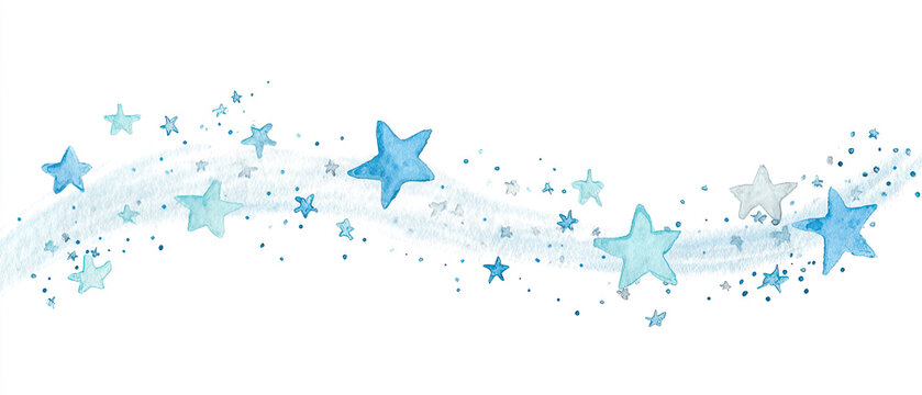 Watercolor star border element. Soft blue stars celestial design. Nursery header on white background
