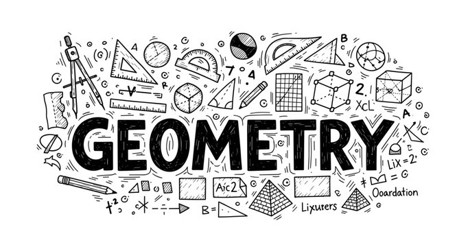 Creative hand-drawn geometry elements and formulas surrounding bold text