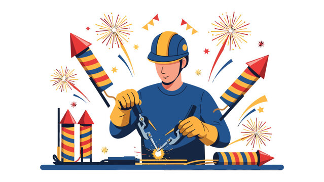 Welder and Fireworks: A skilled welder carefully works amidst a display of vibrant fireworks, creating sparks of light and energy that illuminate the scene, showcasing precision and craftsmanship.