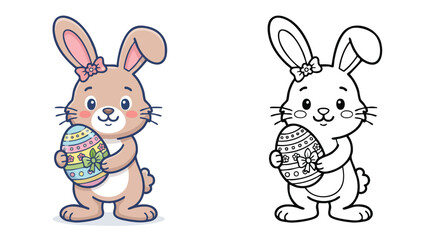 Fototapeta premium Easter Bunny Coloring Book Page with Cute Rabbit Holding Decorated Egg