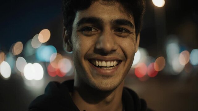  Pessoa rindo para a c&acirc;mera com uma cidade ao fundo.

