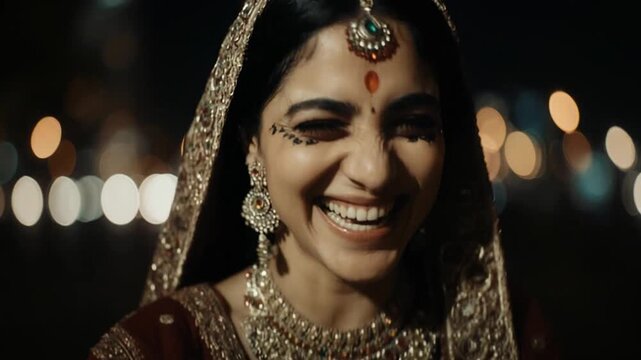  Pessoa rindo para a c&acirc;mera com uma cidade ao fundo.

