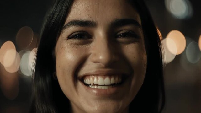  Pessoa rindo para a c&acirc;mera com uma cidade ao fundo.

