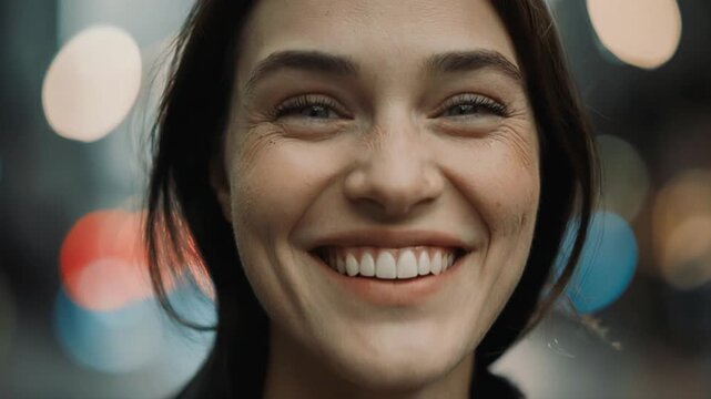  Pessoa rindo para a c&acirc;mera com uma cidade ao fundo.

