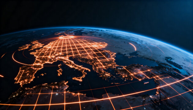 Showing stylized network map marking glowing orange grid over Europe from space with city lights
