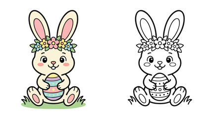 Obraz premium Easter Bunny Coloring Book with Cute Rabbit Holding Egg and Floral Wreath