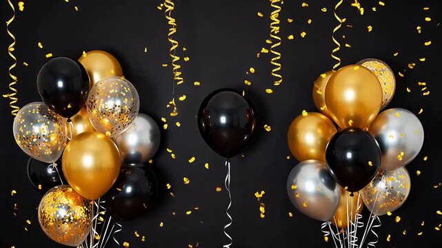 Balloons and confetti on black background