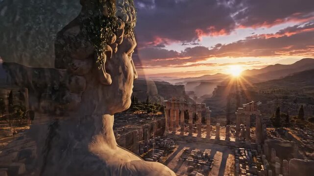 Ancient greek temple ruins at majestic sunset