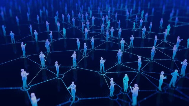 Loopable 3D Animation: Crowd of Connected People in Dark Blue Digital Space. Futuristic Digital Society. User Avatars in Virtual World of Social Media, Internet and Content. 