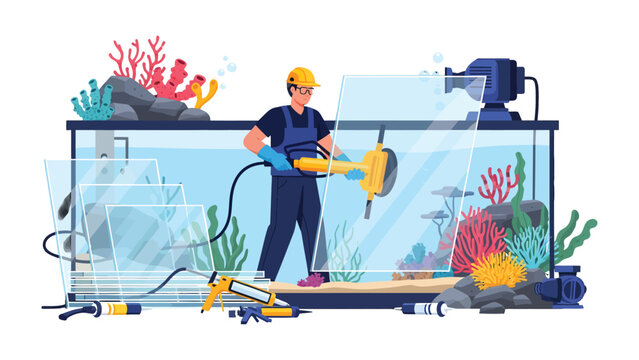 Aquarium Assemblage: A skilled professional is meticulously assembling a transparent aquarium, with careful precision.